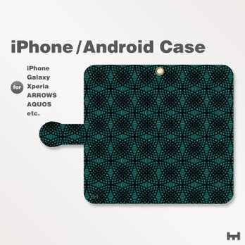 iPhone7/7Plus/Android全機種対応　スマホケース　手帳型　和柄-七宝-幾何学-ドット　青緑　1806の画像