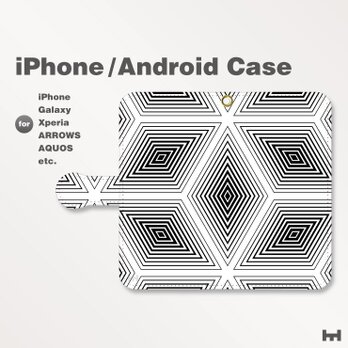 iPhone7/7Plus/Android全機種対応　スマホケース　手帳型　北欧風-和柄-亀甲-幾何学-ダイヤB　白黒　2308の画像