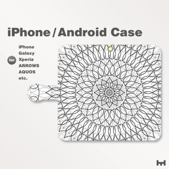 iPhone7/7Plus/Android全機種対応　スマホケース　手帳型　北欧風-花-フラワーB　モノトーン-白黒　2508の画像