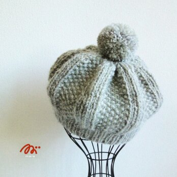 アラン模様・ポンポン・パンプキンキャップ.ライトグレー