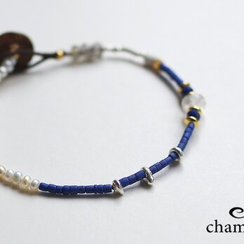 ラピスラズリ×レインボームーンストーン×淡水パール・ブルーブレスレット　b0535