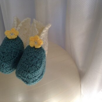 【ルームシューズ】エメラルドグリーン＋黄花