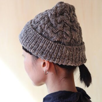 英国製糸使用 伝統柄ケーブル編みのツイードニット帽