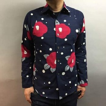 長袖和柄シャツ（雪に椿）