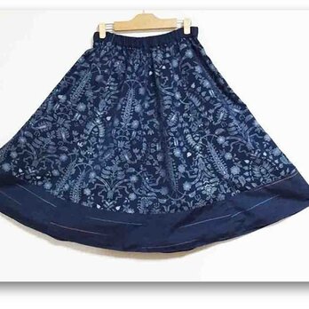 藍色ジャカード×藍色紬着物リメイクギャザーフレアスカート58の画像