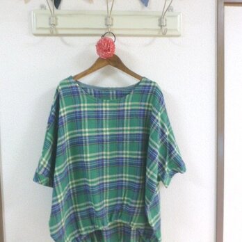コットン生地グリーンチェック柄後ろ下がりチュニックフリー