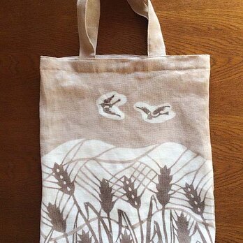 柿渋染めお買い物バッグ　小鳥と小麦
