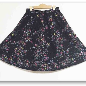 黒小紋柄着物リメイクギャザーフレアスカート61（Lサイズ）の画像