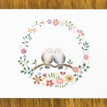 4枚セット。絵本のような。ポストカード "花の輪と二羽の小鳥" PC-33
