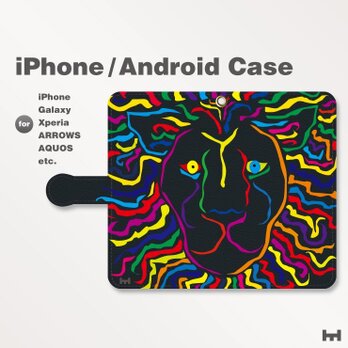 iPhone7/7Plus/Android全機種対応　スマホケース　手帳型　アニマル-ライオン-獅子　ブラック-黒　3001の画像
