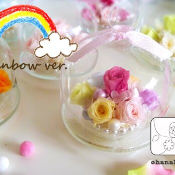 《母の日/誕生日/結婚祝いギフト》ガラスポットに♪七色の可愛いプリザーブドフラワーminiohanapot-rainbowの画像