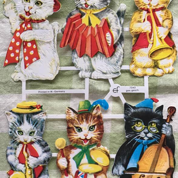 Germany　クロモス２枚set　猫楽器＆おもちゃと猫043/120の画像