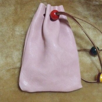 本革　手縫い巾着袋　（ライラックピンク　シボ）の画像