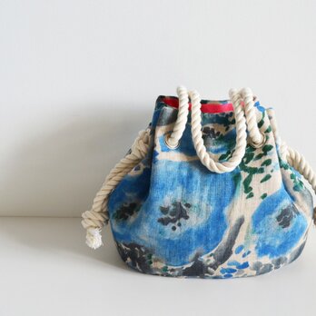 ブルーフラワーリネンマリンバック　水彩画風のデザインのバッグです　母の日のプレゼントにも！の画像