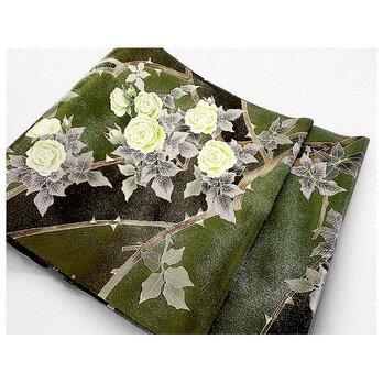 袋帯（白花蔓薔薇）（深緑色・黒色）の画像