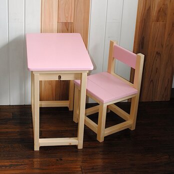 □かわいいベビーピンクとナチュラルの昭和レトロな小さな勉強机と椅子セット★の画像