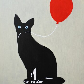 風船をくわえた猫(赤)/F8サイズ絵画