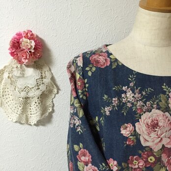 ヴィンテージ加工薔薇柄ギャザーワンピースブルー