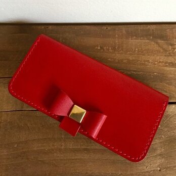 iPhoneX/8/7/6・6s/5・5s・SEケース 本革ポケット付き リボンフラップ 栃木レザー レッド