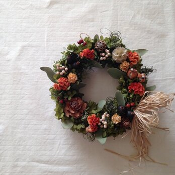 アジサイとケイトウのgreen wreathの画像