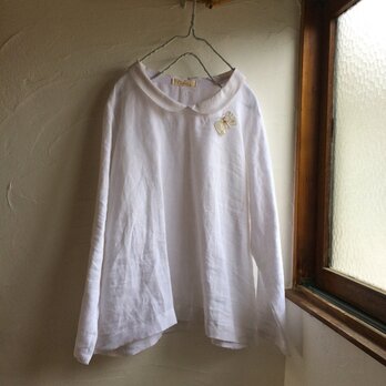 リネン１００　丸襟　プルオーバートップス　ピュアホワイト　長袖の画像