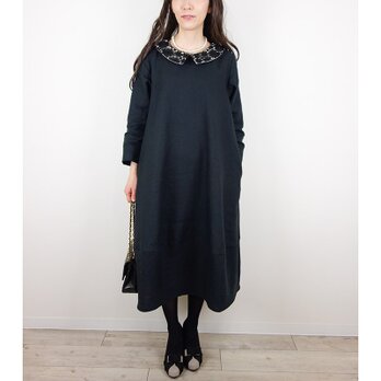 [予約販売] 　ヨーロッパブラックリネン襟ケミカルレース切替ワンピース*卒園　卒業　入学式　冠婚葬祭　結婚式　フォーマルの画像