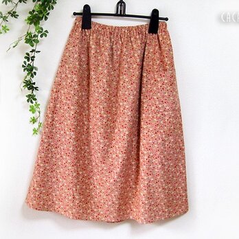 L ポケット付きギャザースカート　花柄　サーモンピンク　【受注】の画像