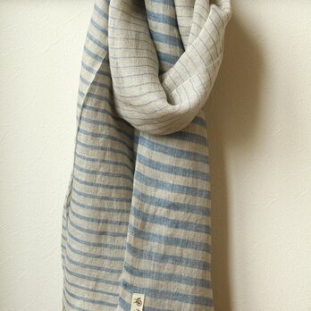 手織リネン大判ストール　ブルーボーダー