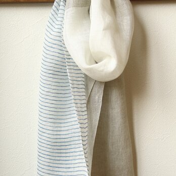 手織リネン小さなストール　3色切り替え・ブルー（白）