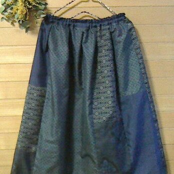 大島紬　藍色パッチスカートの画像