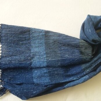 【sale】残り糸をつかった藍の手織りストール　の画像