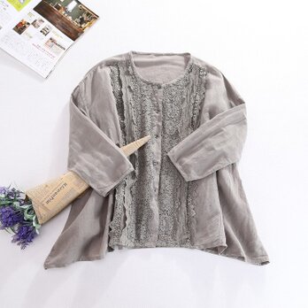 f028（再販2）麻綿とレース　大活躍のゆったりシャツ　ブラウス　トップス　グレー