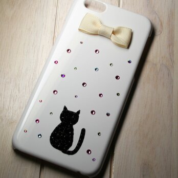 ネコがキュート☆リボン付 iPhone6 ケース カバー☆スワロフスキー デコの画像