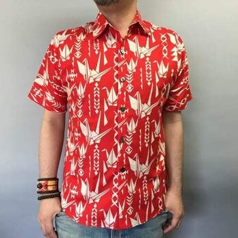 半袖和柄シャツ（折鶴模様）朱赤の画像