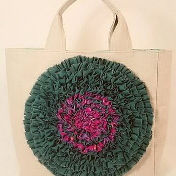 お花バッグ（緑×生成リネン)の画像
