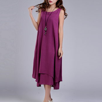 綿麻生地 前後丈違い重ね風ノースリーブワンピース　♪Rose Red♪