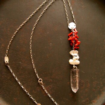 針水晶×珊瑚×パール　２wayネックレスの画像