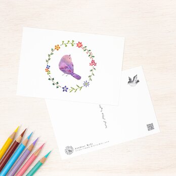 5枚セット。絵本のような。ポストカード "紫色の小鳥と花の輪" PC-58の画像
