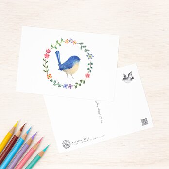 5枚セット。絵本のような。ポストカード "青色の小鳥と花の輪" PC-50の画像