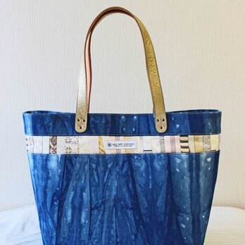 博多織トートバッグ「連」L　藍染めデニム×ゴールドレザー（LT-08）の画像
