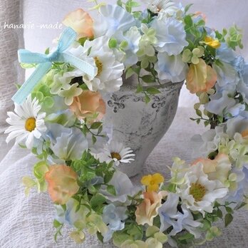 blue sweet pea & white anemone： wreathの画像