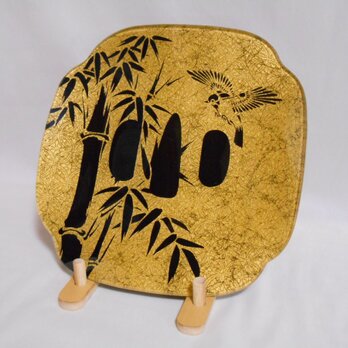 金彩ガラス皿　刀鍔　竹に雀　純金箔加工　飾り皿の画像