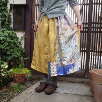 着物リメイク☆春真っ盛りの黄色ロングスカート♪縮緬小紋の色が可愛い80㎝丈の画像