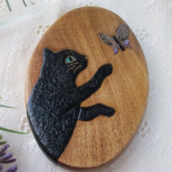 蒔絵手鏡　黒猫と蝶の画像