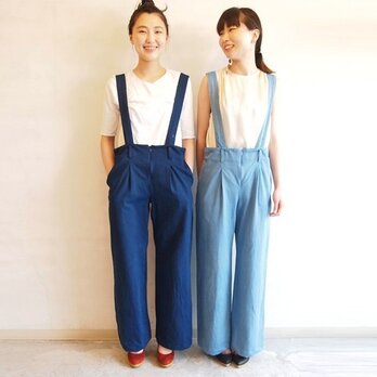 ■藍染/オーガニックコットンのサスペンダーパンツ/藍色