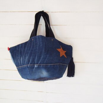 デニムリメイクリバーシブル丸底ハンドバッグ
