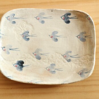 粉引き青い鳥のスクエアケーキ皿。の画像