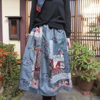 大島紬と銘仙でパッチリメイクスカート☆華やかカラフル81㎝丈の画像