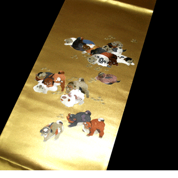 引箔　袋帯　犬図（伊藤若冲）手刺繍（お仕立て付き）の画像