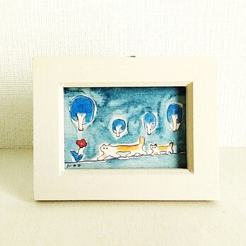 オーダー制作｜原画「猫の親子」※木製ミニ額縁入り　（猫　水彩　絵）の画像